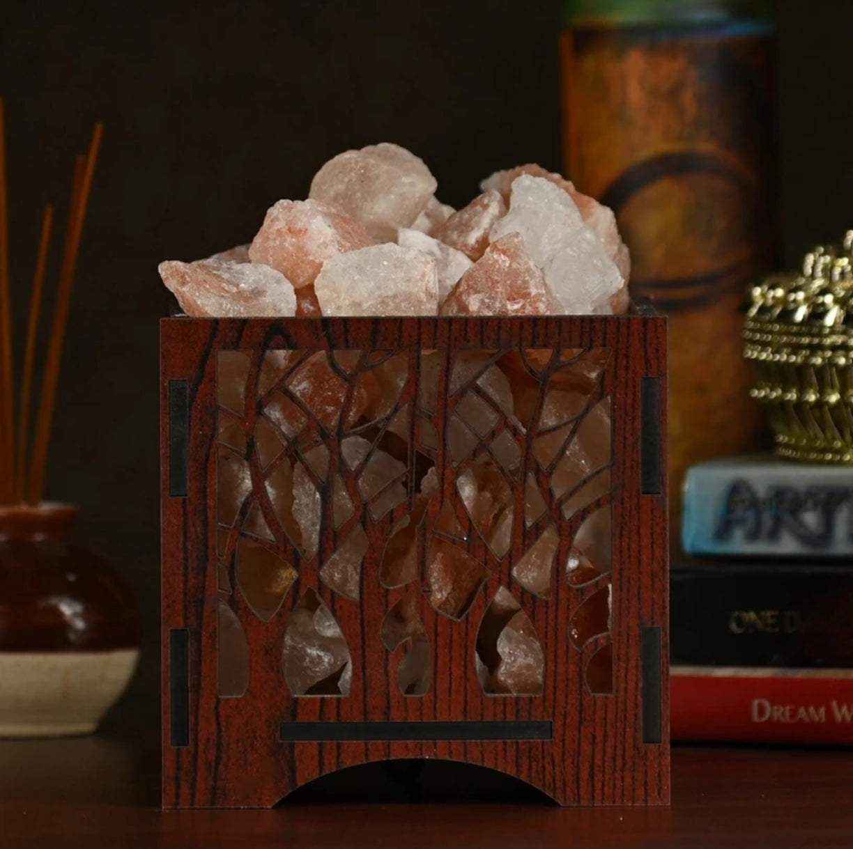 Glanciety Himalayan Salt Lamp with Tree Design Wooden Frame