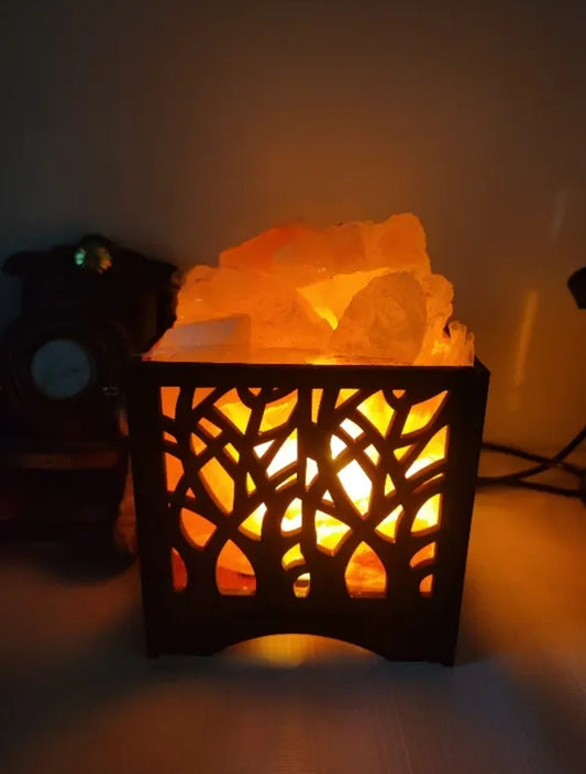 Glanciety Himalayan Salt Lamp with Tree Design Wooden Frame