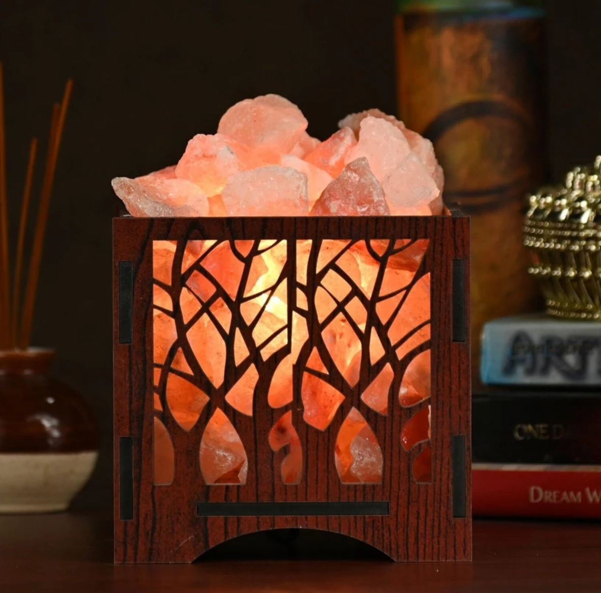 Glanciety Himalayan Salt Lamp with Tree Design Wooden Frame